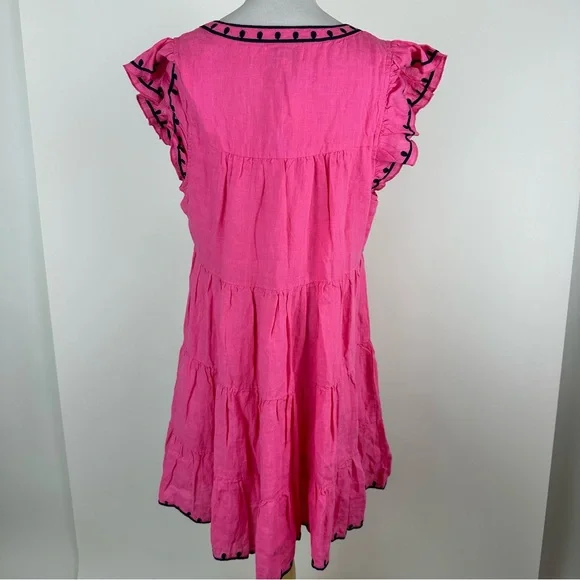 Navy Bleu Eloise Pink Embroidered Linen Flutter Sleeve Dress Size Large - Picture 11 of 14